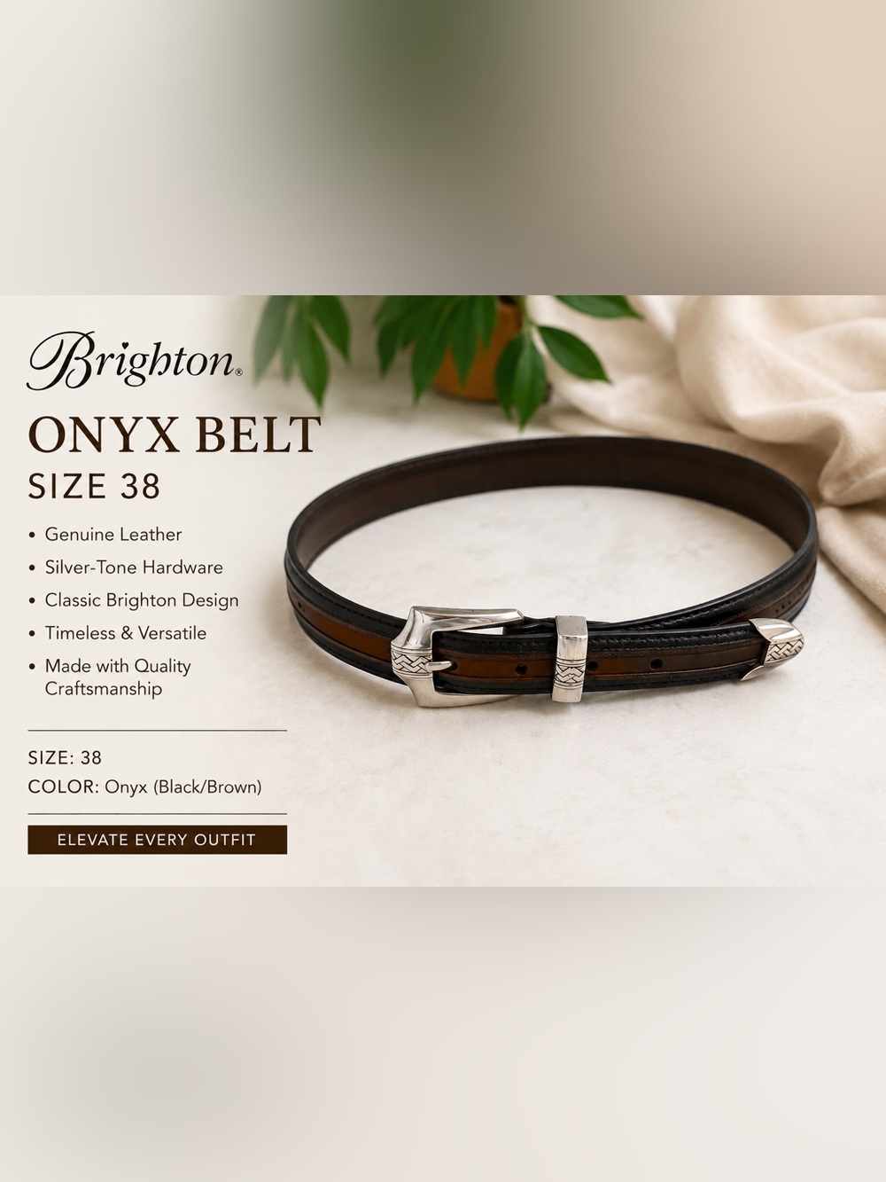 Brighton Onyx Leather Belt in Black and Brown with Silver Buckle